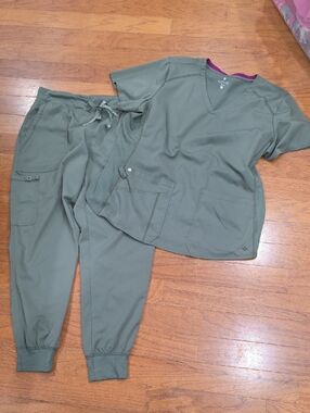 MedCouture Olive Green Scrub Top and Jogger Set